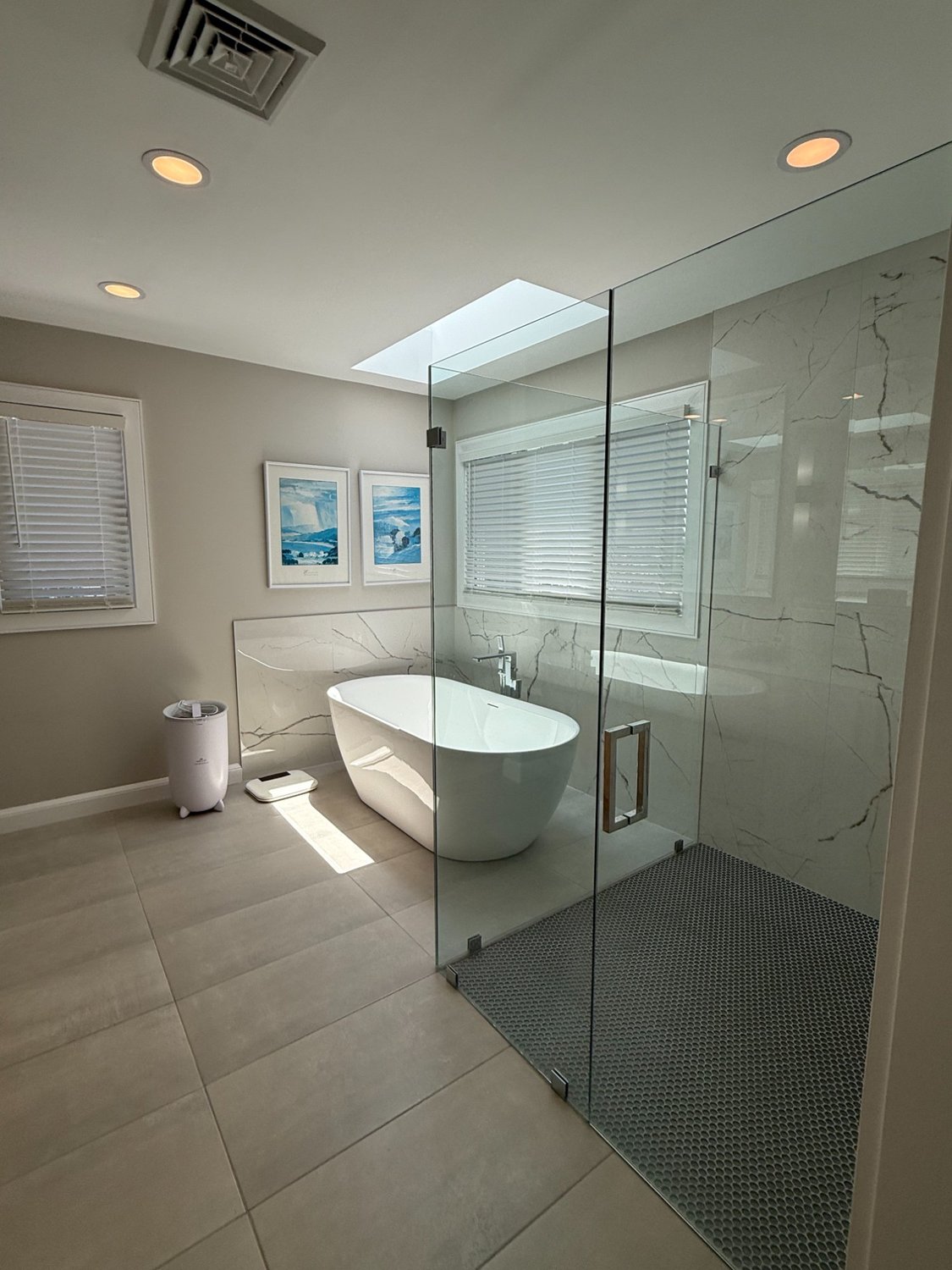 Premium frameless glass shower with marble tile and skylight, Hampton Roads VA